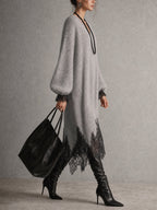 Vestido midi gris de punto con bajo de encaje